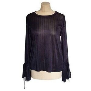 Zara Collection Black Sheer Micro Pleated Tie Cuff Bell Sleeve Top Women's L